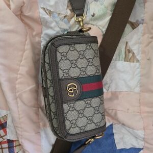 Gucci Brown Monogram Crossbody with Green and Red Web Stripe